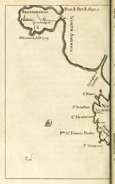 Karte mit dem Standort von Brobdingnag aus der ersten Ausgabe von Gullivers Reisen von Jonathan Swift von English School