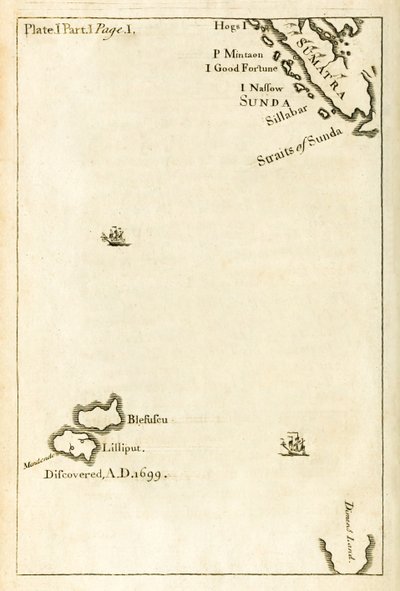 Karte mit dem Standort von Lilliput aus der ersten Ausgabe von Gullivers Reisen von Jonathan Swift von English School