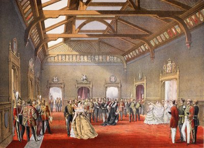 Das Marschieren der Prozession der Braut in der zentralen Halle der temporären Wohnungen, aus Ein Gedenkbuch zur Hochzeit von Edward VII. und Alexandra von Dänemark, veröffentlicht 1864 von English School