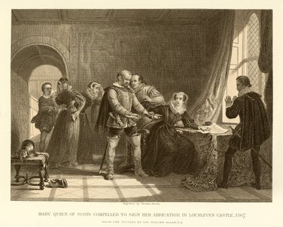 Maria Stuart wird gezwungen, ihre Abdankung in Schloss Lochleven zu unterschreiben von English School