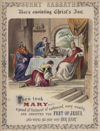 Maria salbt die Füße Christi (farbige Gravur) von English School