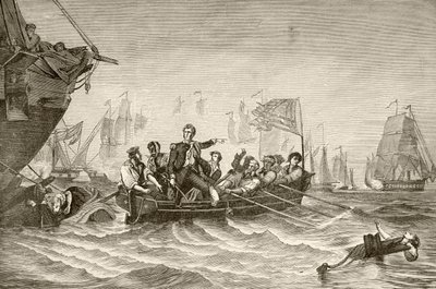 Master Commandant Oliver Hazard Perry wechselt von der US-Brig Lawrence zur US-Brig Niagra während der Schlacht am Eriesee (Lithografie) von English School