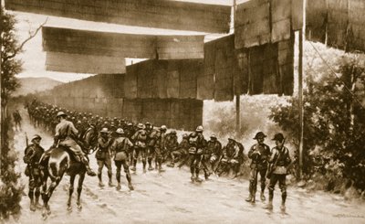Mattenbildschirme für exponierte Straßen: eine von den Italienern beim Vormarsch auf Gorizia eingesetzte Vorrichtung, 1914-19 von English School