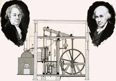 Matthew Boulton und James Watt mit einer der patentierten Dampfmaschinen von English School