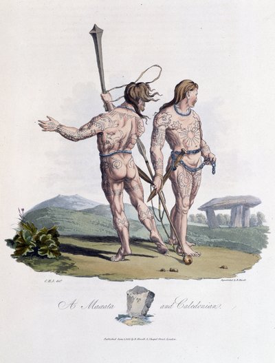 Maxata und Kalidonier mit bemaltem Körper - in „Celts and Goths, customs of the inhabitants of the British Isles of the early 6th century and of the Goth nations of the west coast of the Baltic“, von S.R. Meyrick und Ch. Smith von English School
