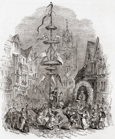 Maibaumtanz vor der St. Andrew Undershaft Kirche, London, England im 19. Jahrhundert, aus Old England: A Pictorial Museum, veröffentlicht 1847 von English School