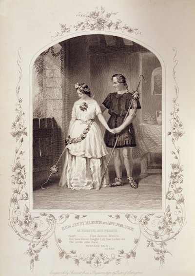 Miss Jenny Marston als Perdita und Mr. F. Robinson als Florizel, Akt IV Szene 3, in Das Wintermärchen von William Shakespeare (1564-1616) graviert von Thomas Sherratt (fl.1860-80) nach einem Daguerreotyp von Pa von English School