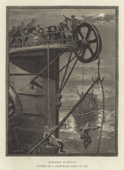 Moderne Wissenschaft, ein Telegrafenkabel auf See aufnehmend von English School
