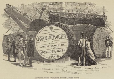 Riesige Sherryfässer in den Londoner Docks (Stich) von English School