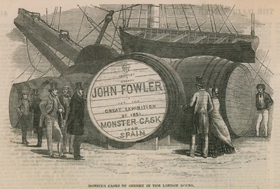 Riesige Sherryfässer an den Londoner Docks von English School