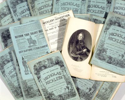 Monatliche Ausgaben von The Life and Adventures of Nicholas Nickleby von Charles Dickens, veröffentlicht 1839 von English School