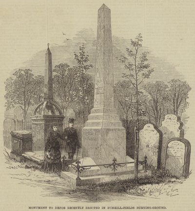 Denkmal für Defoe, kürzlich errichtet auf dem Friedhof Bunhill-Fields (Stich) von English School