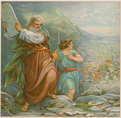 Moses hält eine der Tafeln mit den Zehn Geboten von English School
