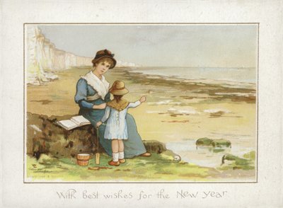 Mutter und Kind am Strand - Neujahrskarte von English School