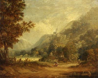 Bergszene mit Kirche und Bauernhof von English School