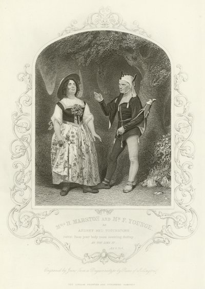 Mrs. H. Marston und F. Younge als Audrey und Narr, Wie es euch gefällt, Akt V, Szene iv von English School