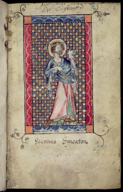 Ms 1-2005, f.1r: St. Edmund, Miniatur aus dem Macclesfield Psalter, Gebrauch von Sarum, Ostanglien, ca. 1330 von English School