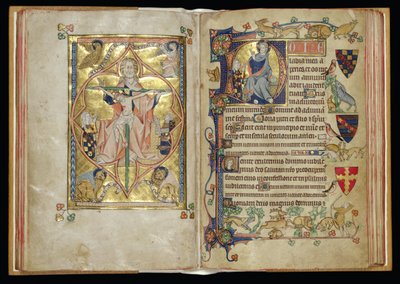 Ms 242 ff.28v-29r Die Dreifaltigkeit und der Thron der Barmherzigkeit in einem historisierten Initial D, aus den Packham-Clifford Stunden, Gebrauch von Sarum, ca. 1314-31 (Goldblatt & Tempera auf Pergament) von English School
