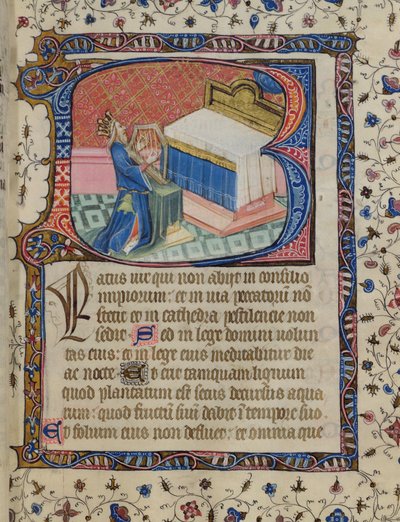 Psalm 1, David spielt Harfe, aus dem Knightley Psalter, ca. 1380 von English School