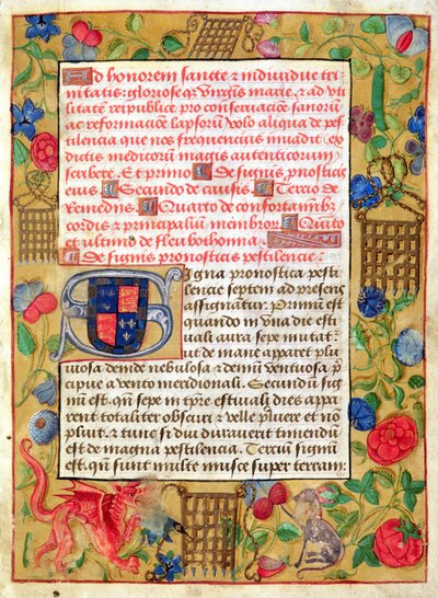 Ms 261 fol.1r Seite aus einer Sammlung von Pesttraktaten in Latein und Englisch, ca. 1500 von English School