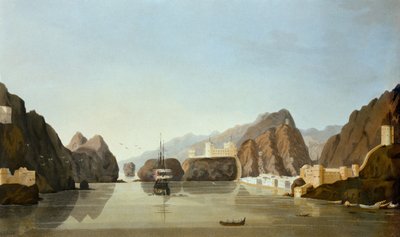 Muscat vom Hafen aus mit einer britischen Fregatte vor Anker, aus Sixteen Views of Places in the Persian Gulf von Leutnant R. Temple, veröffentlicht 1813 (Aquatinta) von English School