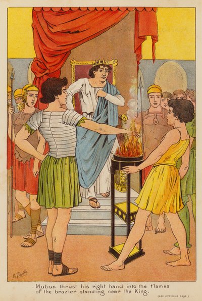 Mutius steckt seine rechte Hand in die Flammen des nahe stehenden Kohlenbeckens des Königs von English School