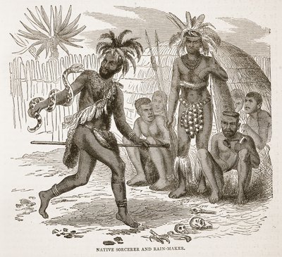Einheimischer Zauberer und Regenmacher, Illustration aus der Bildausgabe des Lebens und der Entdeckungen von David Livingstone von J. Ewing Richie, veröffentlicht von A. Fullarton & Co., 1876 von English School