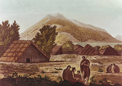 Eingeborene, mit Hütten und Bergen im Hintergrund, graviert von F. Fumagalli von English School