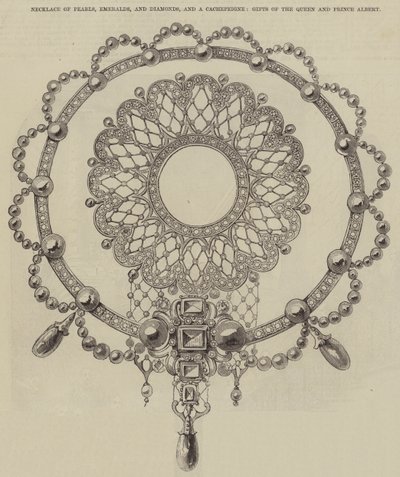 Halskette aus Perlen, Smaragden und Diamanten und ein Cachepeigne, Geschenke der Königin und Prinz Albert (Gravur) von English School