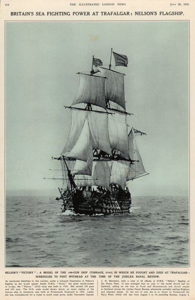 Nelsons Victory: ein Modell des 100-Kanonen-Schiffs, in dem er bei Trafalgar kämpfte und starb, aus The Illustrated London News Royal Naval and Military Review, 20. Juli 1935 von English School