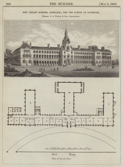 Neue Vorschulen, Kirkdale; für die Gemeinde Liverpool, Messrs J. A. Picton und Sohn, Architekten (Gravur) von English School