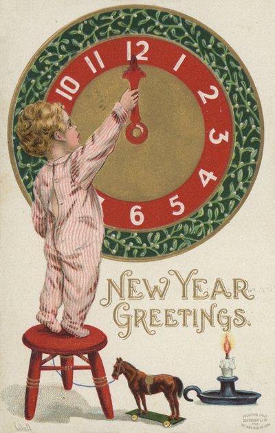 Neujahrskarte mit kleinem Jungen, der eine Uhr umstellt von English School