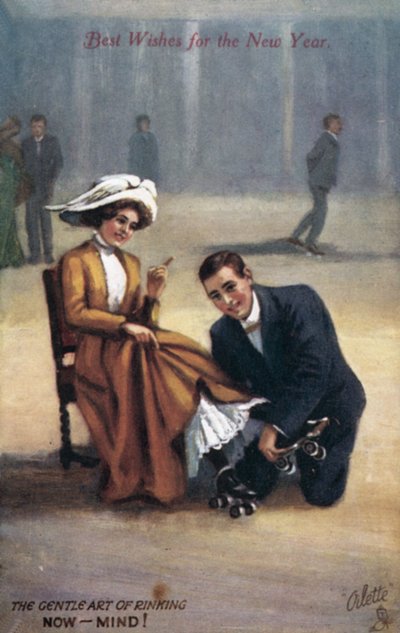 Neujahrskarte mit Rollschuhläufern von English School