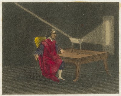 Newton entdeckt die Natur des Lichts (kolorierter Stich) von English School