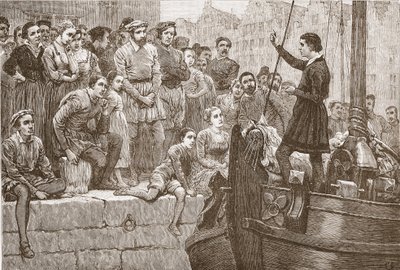 Nikolaus predigt der Menge von einem Boot auf der Schelde, Illustration aus Die Geschichte des Protestantismus von James Aitken Wylie, veröffentlicht 1878 von English School