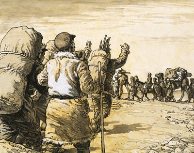 Nikolai Prjevalsky reist durch die Wüste Gobi und trifft auf eine Kamelkarawane von English School