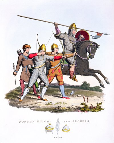 Normannischer Ritter und Bogenschützen, 1066, aus Ancient Armour von Samuel Rush Meyrick, 1824 von English School