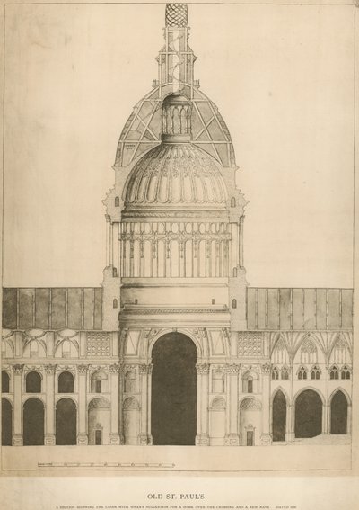 Alte St. Pauls Kathedrale; ein Querschnitt zeigt den Chor mit Sir Christopher Wrens Vorschlag für eine Kuppel von English School