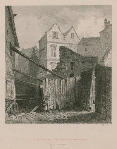 Alte Häuser mit dem offenen Teil des Fleet Ditch in der Nähe von Field Lane von English School