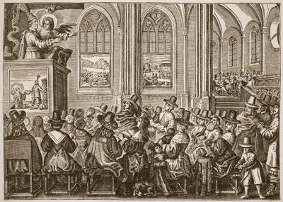 Oliver Cromwell predigt vor einer puritanischen Gemeinde, Illustration aus Die Kirche von England: Eine Geschichte für das Volk von H.D.M. Spence-Jones, veröffentlicht um 1910 von English School