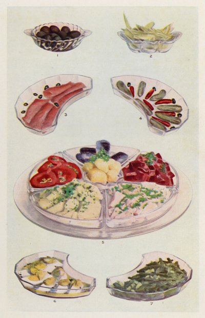 Oliven; Chicorée; Räucherlachs; Gewürzgurke und Chili; Butter, Tomatenscheiben, Kartoffelsalat, Thunfisch, Rote Beete, Sardinen; Eiersalat; Bohnensalat von English School
