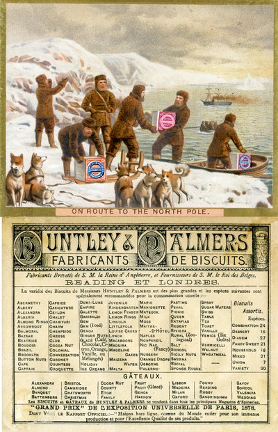Auf dem Weg zum Nordpol, Vorder- und Rückseite einer Werbekarte für Huntley & Palmers Biscuits, produziert für den französischen Markt, 1890 von English School
