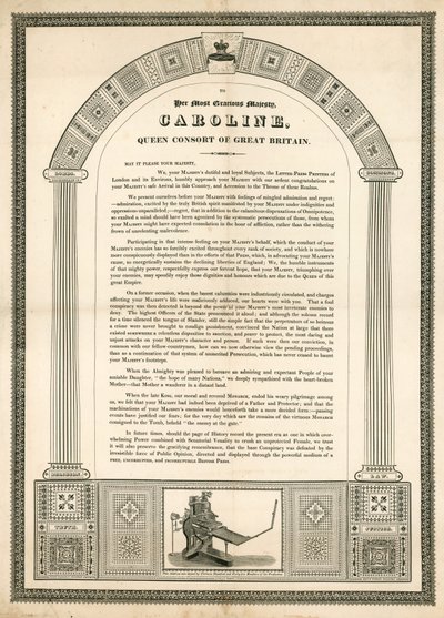 Offener Brief an Caroline, Königin-Gemahlin von Großbritannien von den Buchdruckern Londons von English School