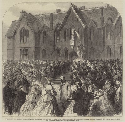 Eröffnung des Albert-Krankenhauses und Enthüllung der Statue des verstorbenen Prinzgemahls in Bishops Waltham, in Anwesenheit von Prinz Arthur und den Prinzessinnen Helena und Louisa (Gravur) von English School