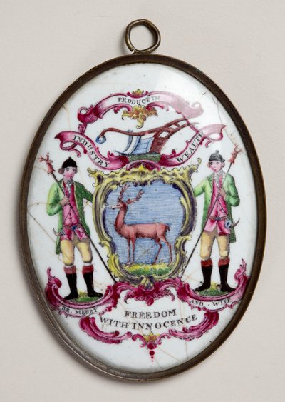 Ovales Medaillon für die Society of Bucks, zeigt zwei Förster, die ein mit einem Hirsch bemaltes Schild stützen von English School