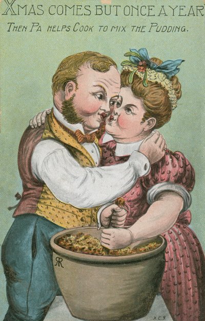 Vater und Koch rühren den Weihnachtspudding von English School