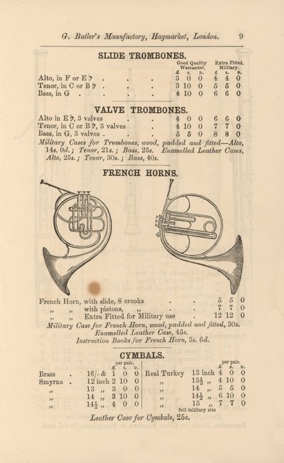Seite aus G Butlers illustriertem Katalog von Musikinstrumenten (Stich) von English School