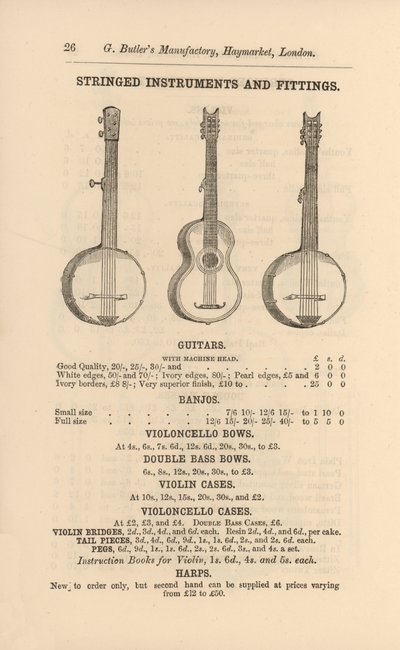 Seite aus G Butlers illustriertem Katalog von Musikinstrumenten (Stich) von English School