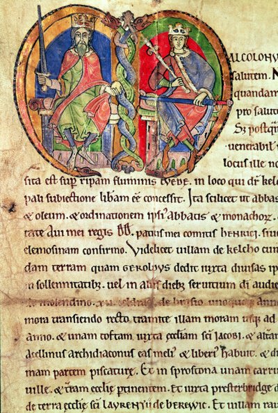 Seite aus der Charta der Kelso Abbey mit einer illuminierten Initiale, die König David I. und seinen Enkel Malcolm IV. darstellt, 1159 von English School