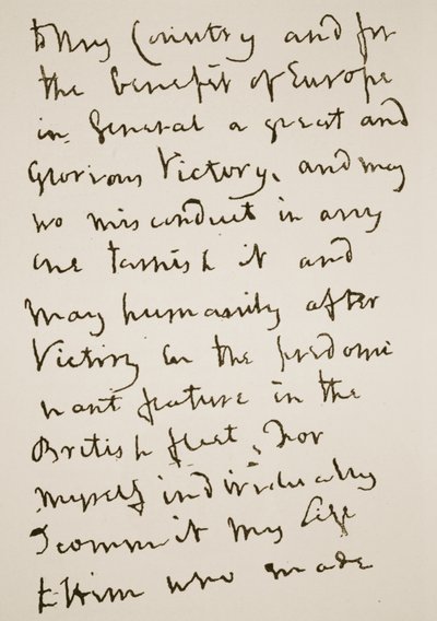 Seite eines Briefes, den Nelson kurz vor der Schlacht von Trafalgar am Montag, den 21. Oktober 1805, schrieb (Sepia-Foto) von English School